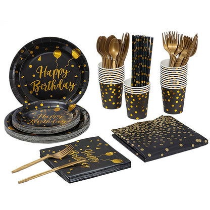 201PCS black and gold birthday party set for 25 guests with plates, cups, and utensils