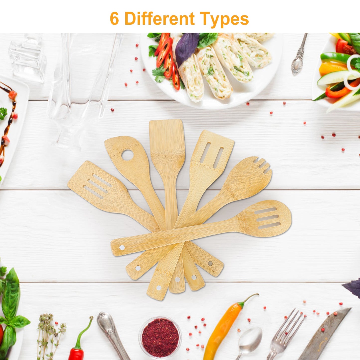 Set Of 6Pcs Cooking Utensil Bamboo Wooden Spoons Spatula
