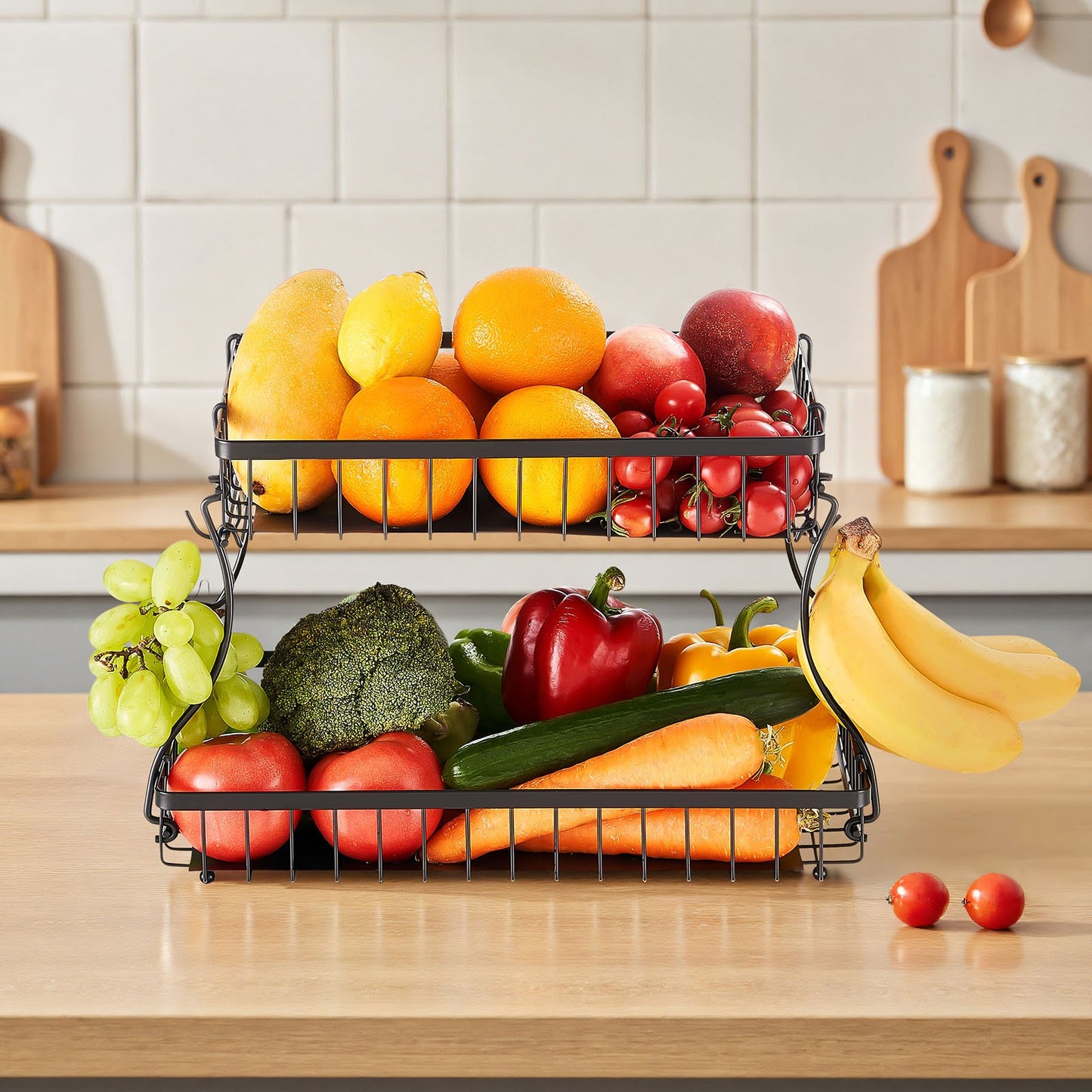 2 Tier Fruit Basket Bowl Kitchen Countertop Storage Stand Holder Banana Hanger