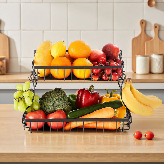 2 Tier Fruit Basket Bowl Kitchen Countertop Storage Stand Holder Banana Hanger
