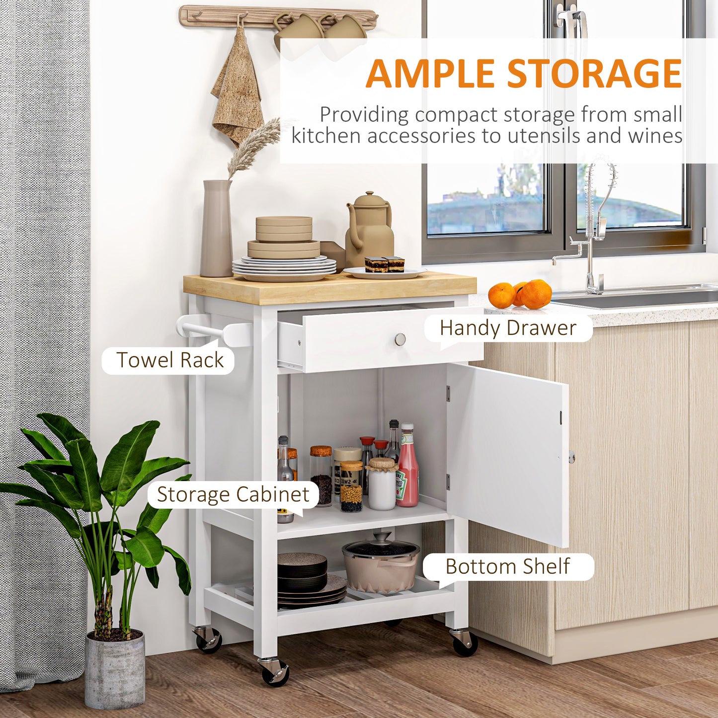 Rolling Kitchen Cart with Rubberwood Top