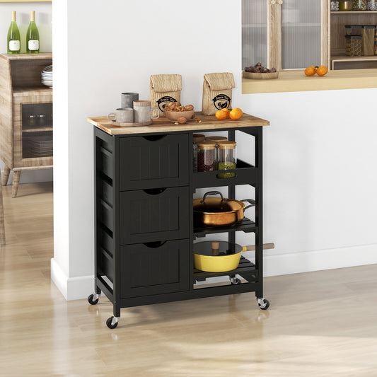 Rolling kitchen cart with wood top, shelves, and drawers in black finish