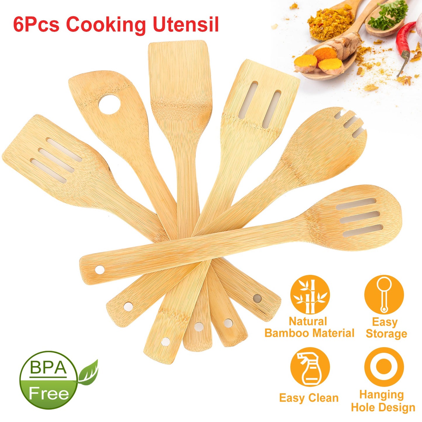 Set Of 6Pcs Cooking Utensil Bamboo Wooden Spoons Spatula