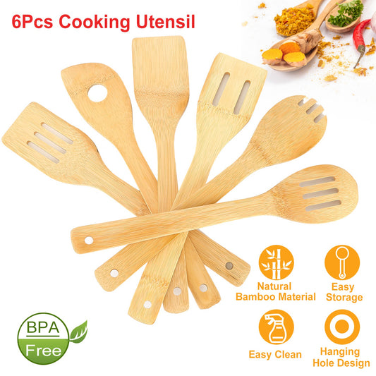 Set Of 6Pcs Cooking Utensil Bamboo Wooden Spoons Spatula