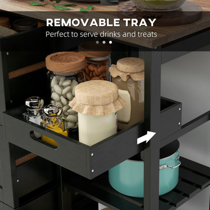 Rolling Kitchen Cart with Wood Top, Shelves & Drawers