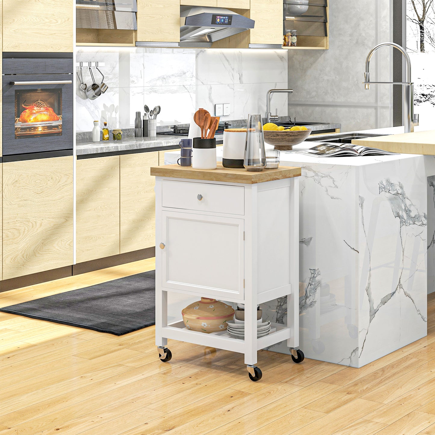 Rolling Kitchen Cart with Rubberwood Top
