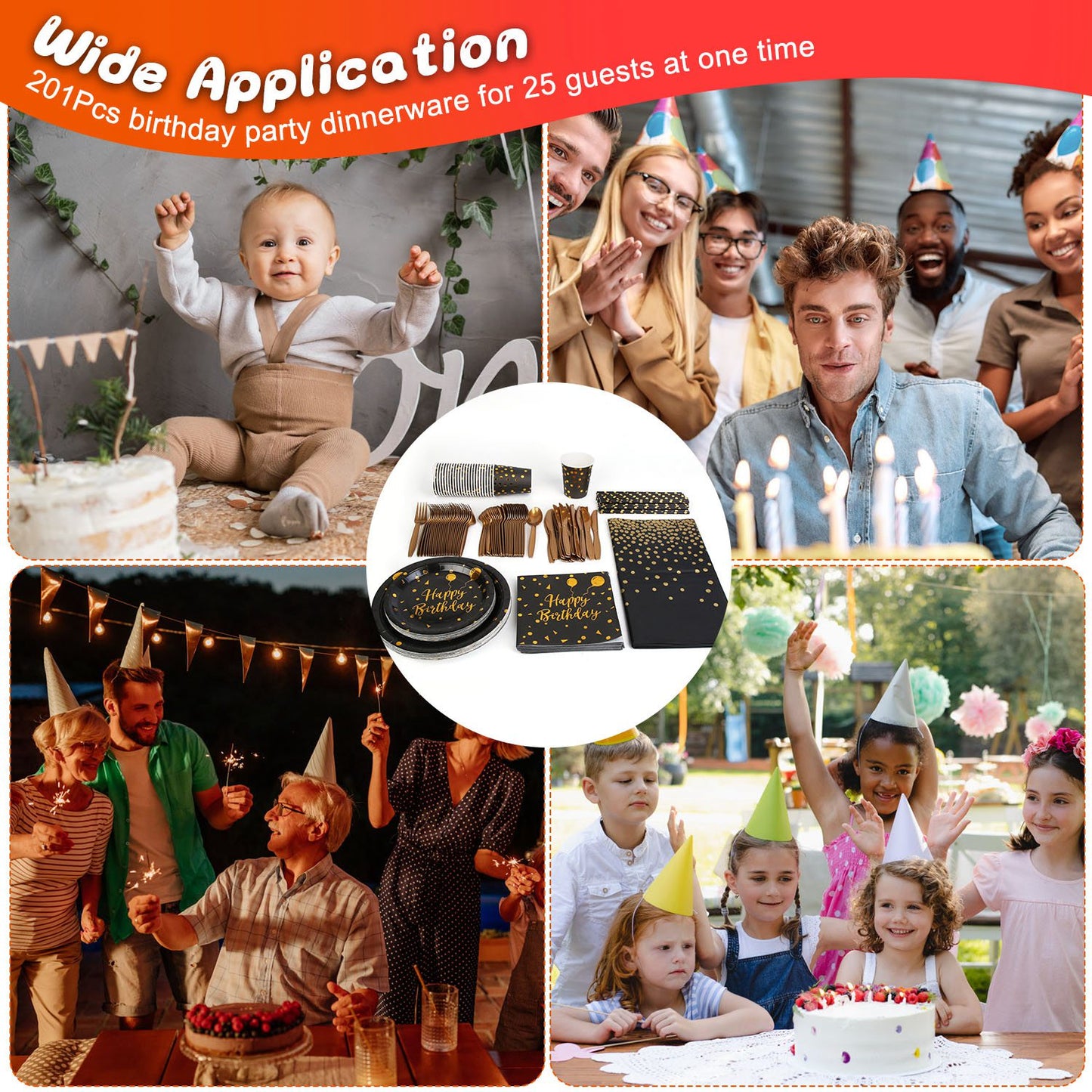 201 PCS Black Gold Birthday Party Supplies