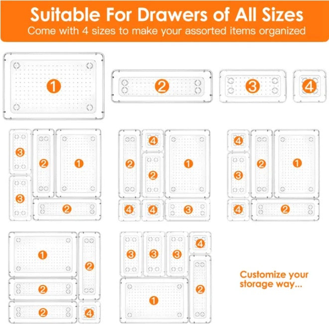 25-Pcs Clear Plastic Drawer Organizers Set