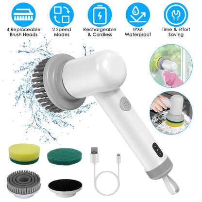 Cordless electric handheld spin scrubber with 2 speeds and 3 brushes