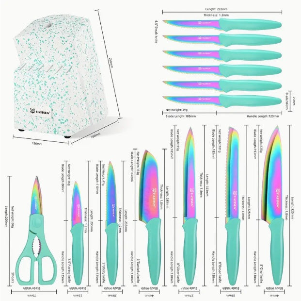 14-Piece Rainbow Colored High Carbon Stainless Steel Kitchen Knife Set