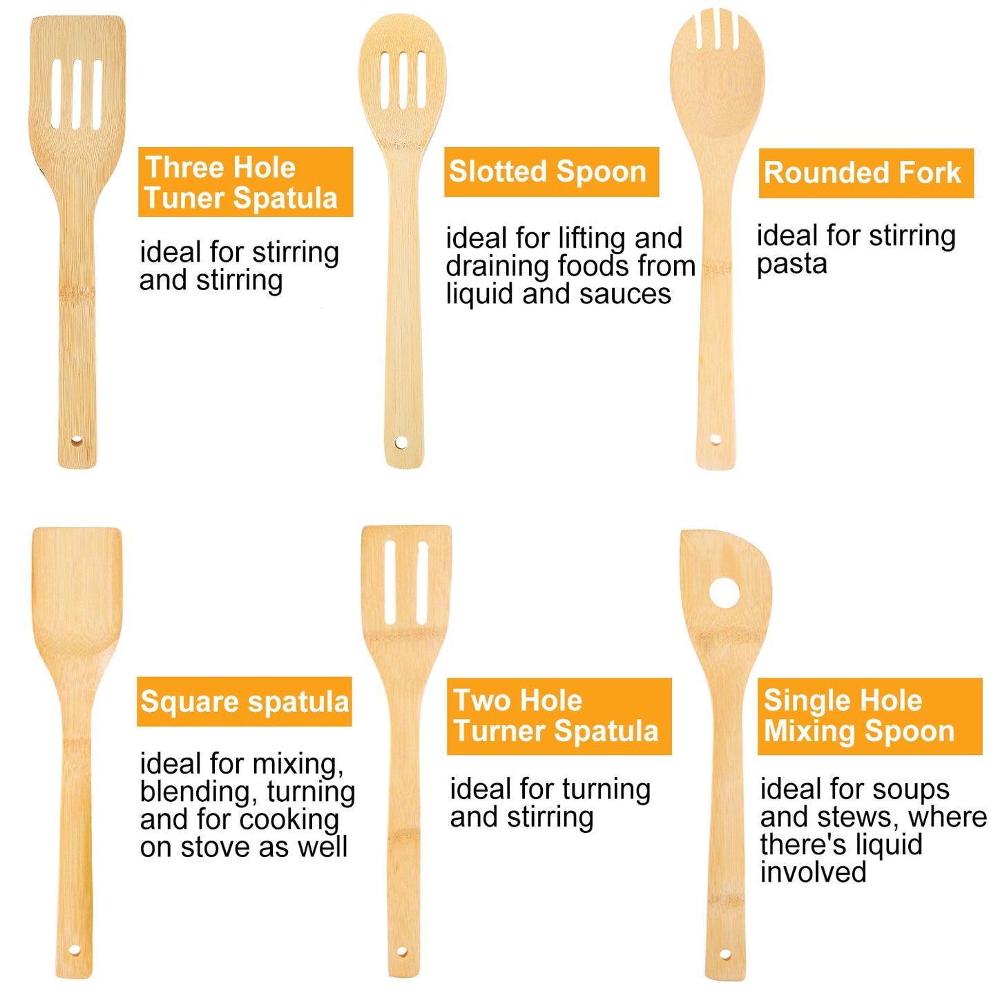 Set Of 6Pcs Cooking Utensil Bamboo Wooden Spoons Spatula