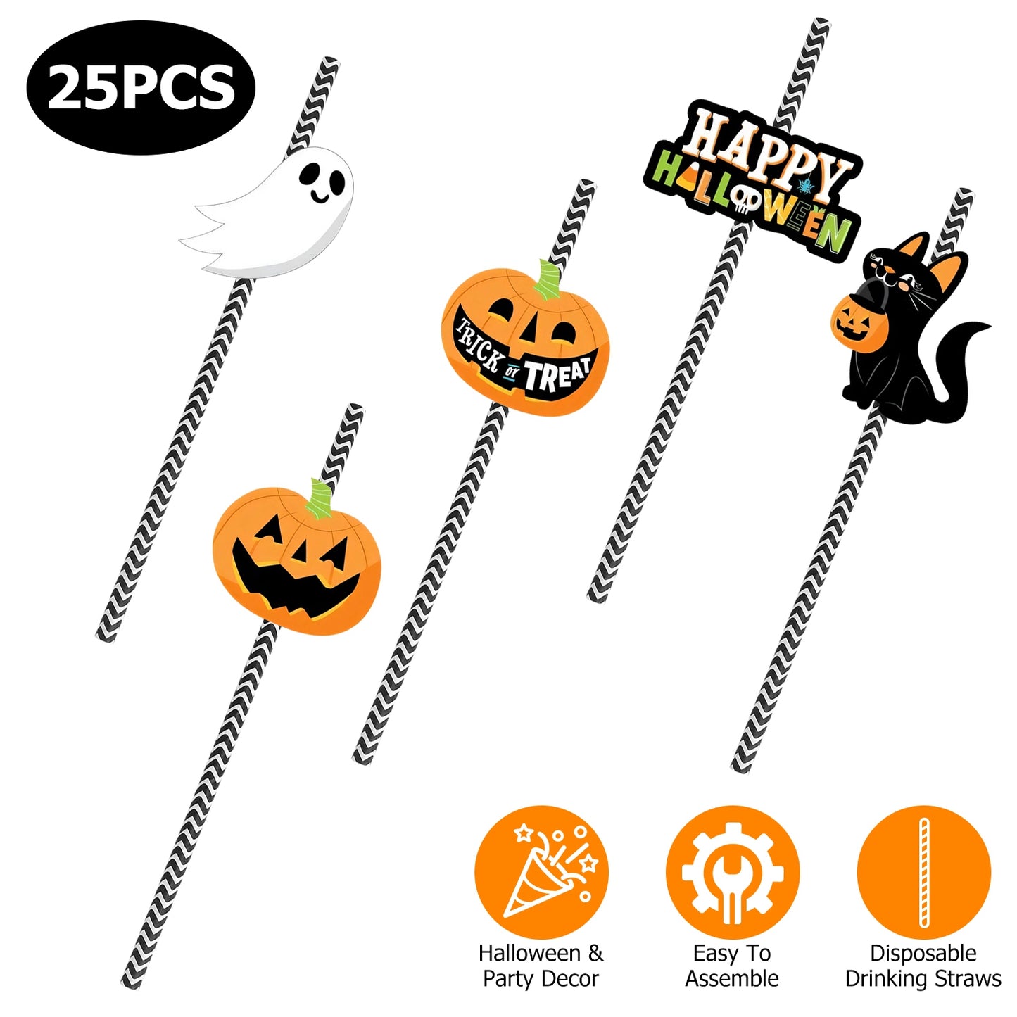 25-Pcs Halloween Party Striped Decorative Straws