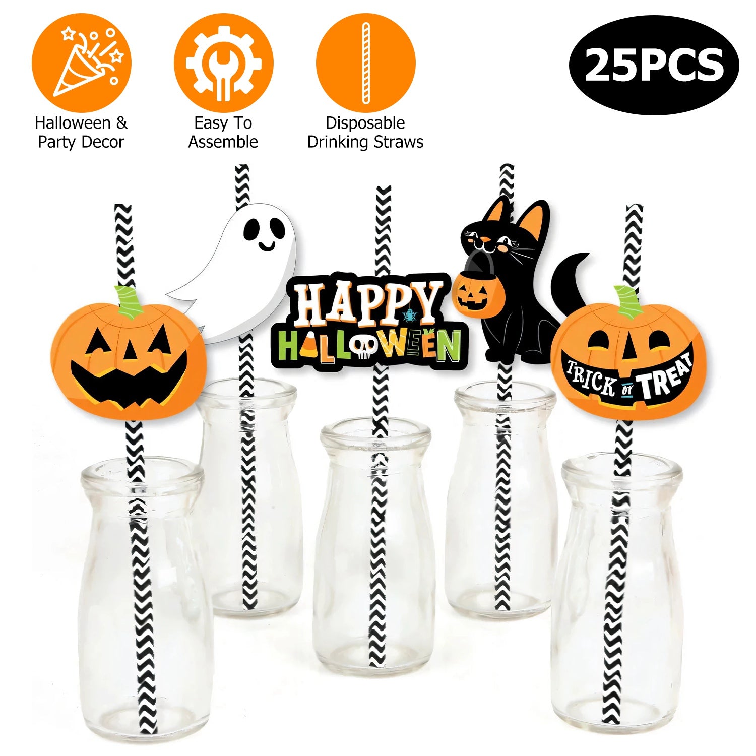 25pcs Halloween paper straws with ghost, lantern, and black cat designs