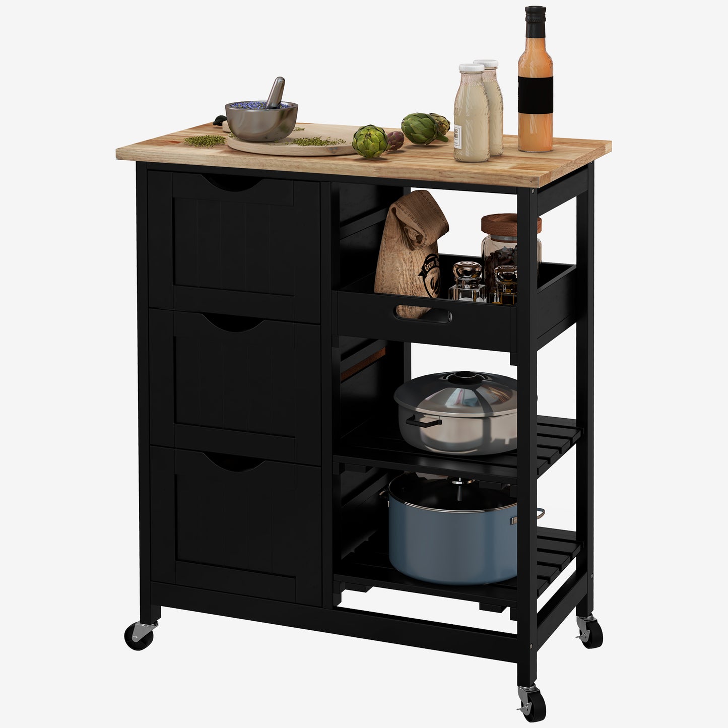 Rolling Kitchen Cart with Wood Top, Shelves & Drawers