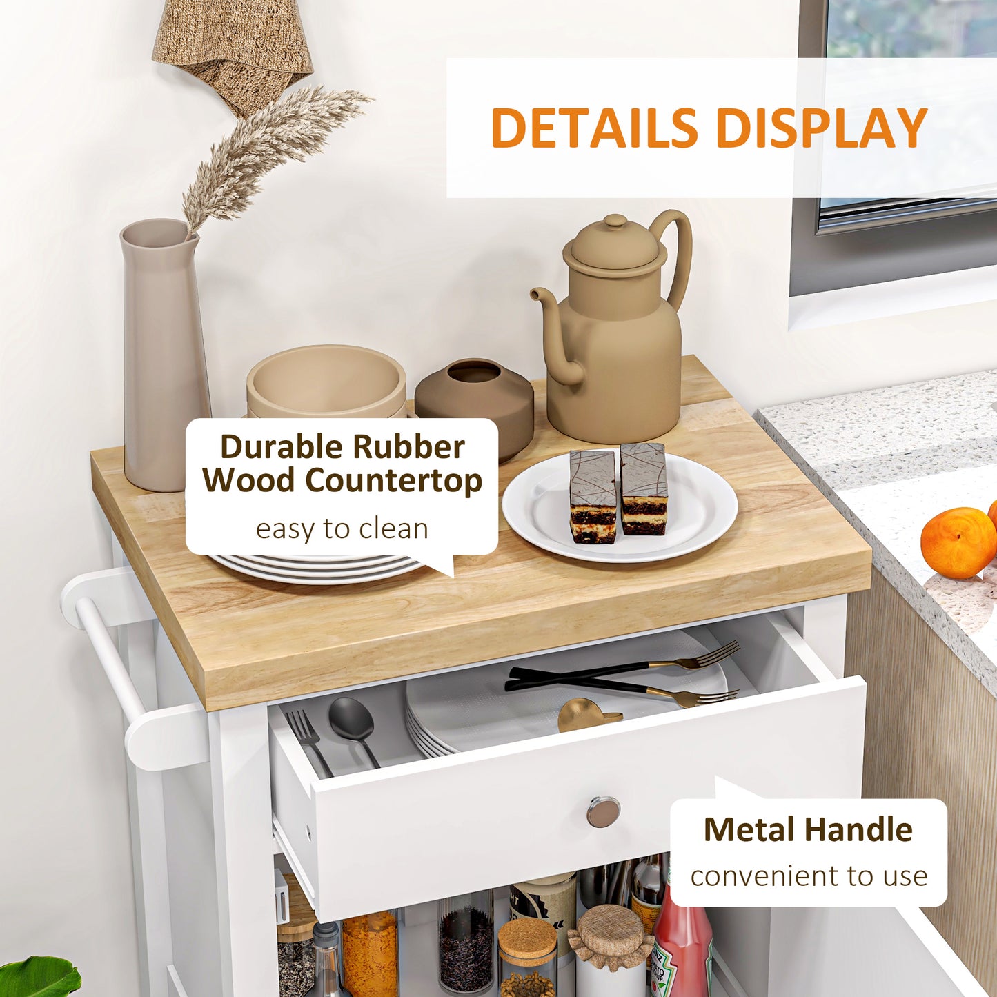 Rolling Kitchen Cart with Rubberwood Top