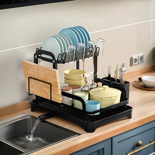 2-tier dish drying rack with drainboard, utensil holder, and bowl rack