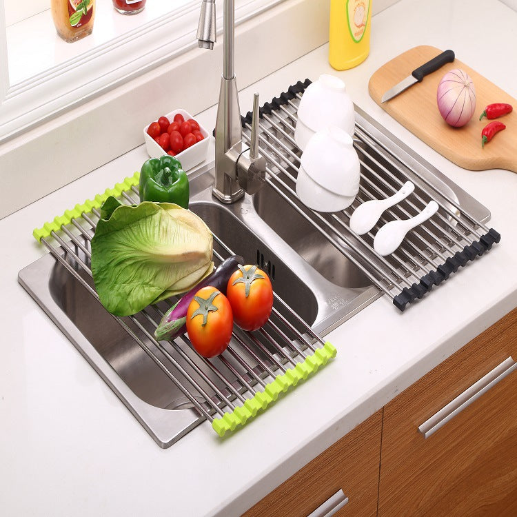 Stainless steel folding kitchen sink drain rack for drying dishes and utensils