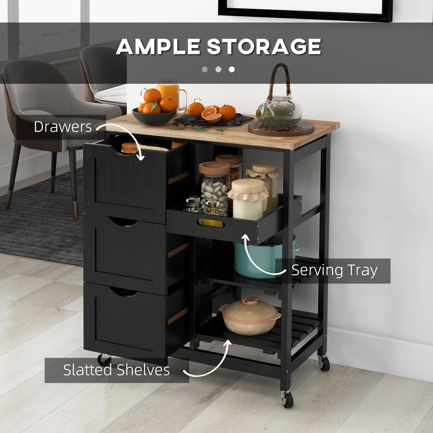 Rolling Kitchen Cart with Wood Top, Shelves & Drawers
