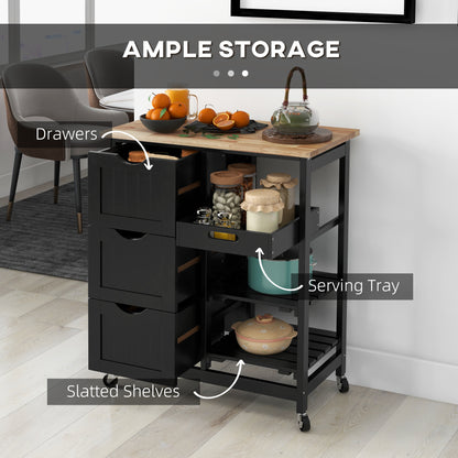 Rolling Kitchen Cart with Wood Top, Shelves & Drawers