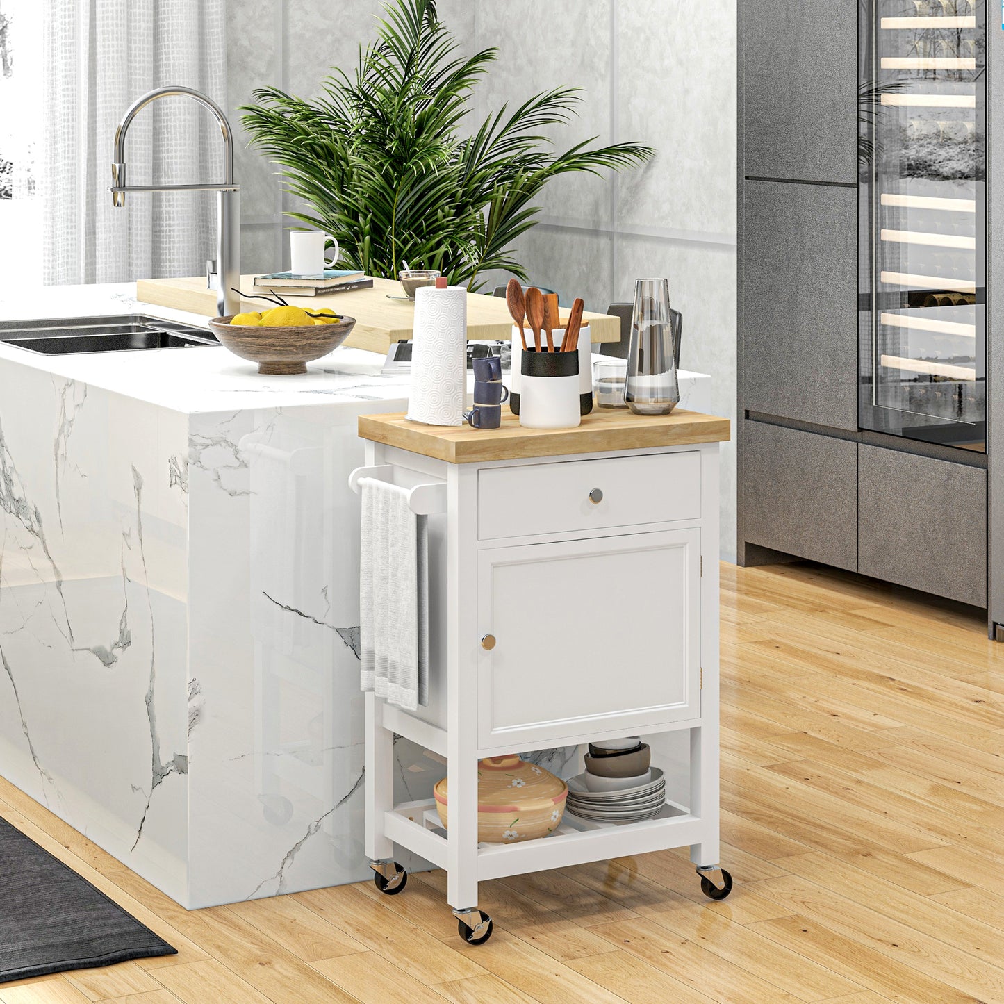 Rolling Kitchen Cart with Rubberwood Top