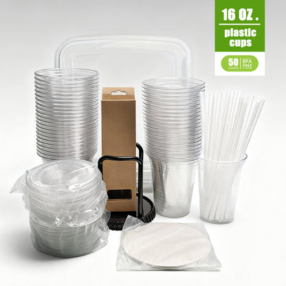 50-pack disposable cups with lids, straws, and storage bin for events