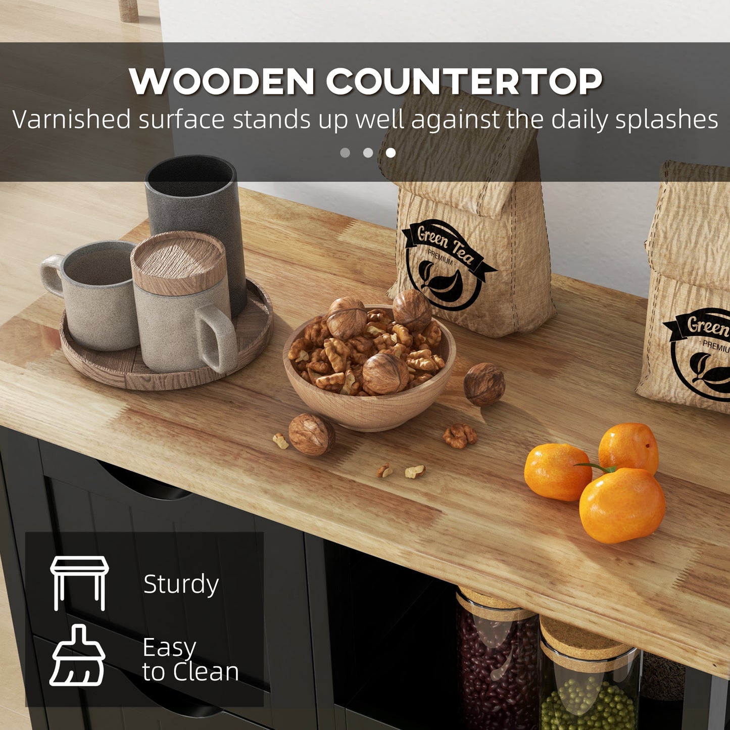 Rolling Kitchen Cart with Wood Top, Shelves & Drawers