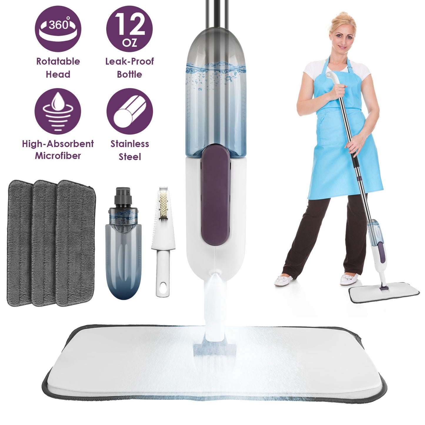 Multipurpose spray mop with reusable microfiber pads for hardwood and tile floors