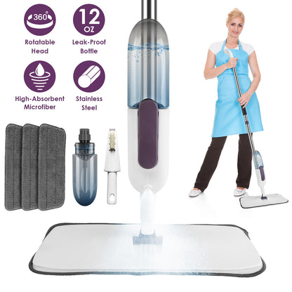 Multipurpose spray mop with reusable microfiber pads for hardwood and tile floors