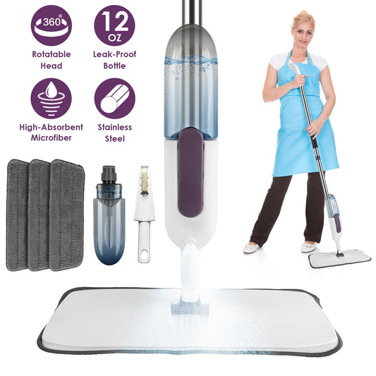 Multipurpose spray mop with reusable microfiber pads for hardwood and tile floors