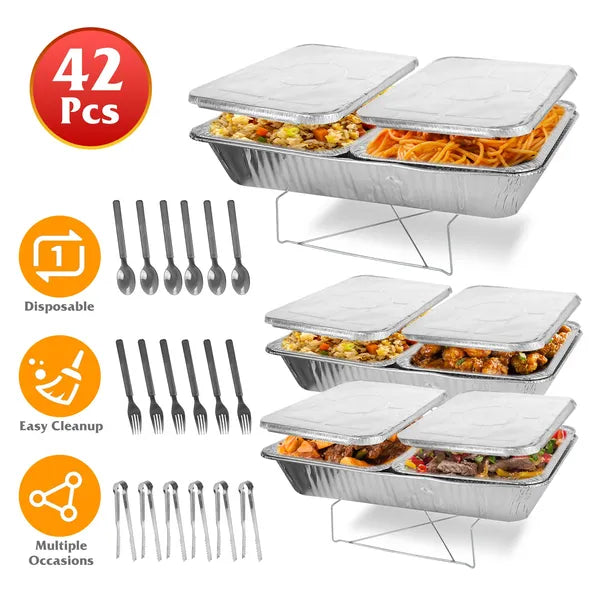 42-piece disposable chafing dish buffet set with full-size pans and covers