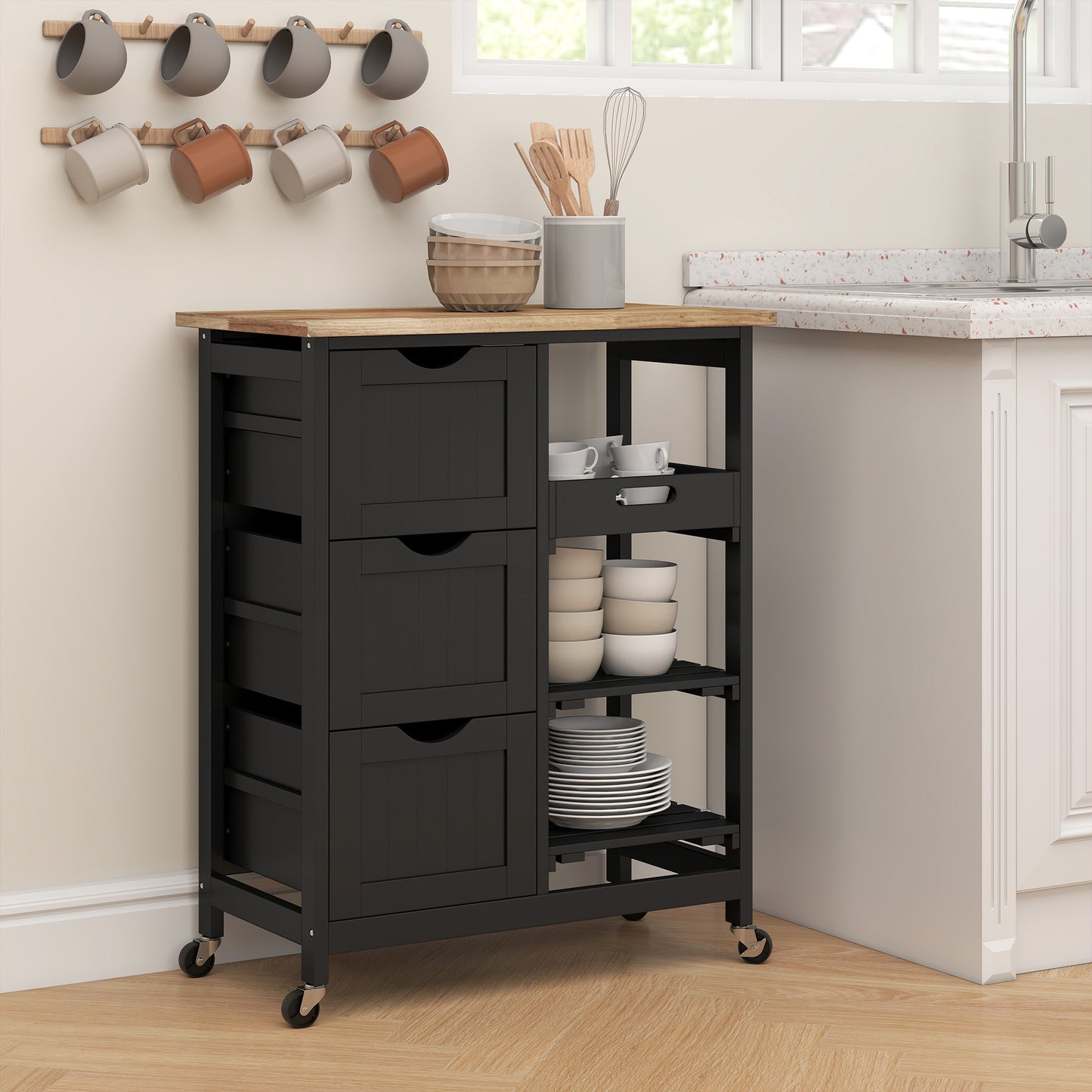 Rolling Kitchen Cart with Wood Top, Shelves & Drawers