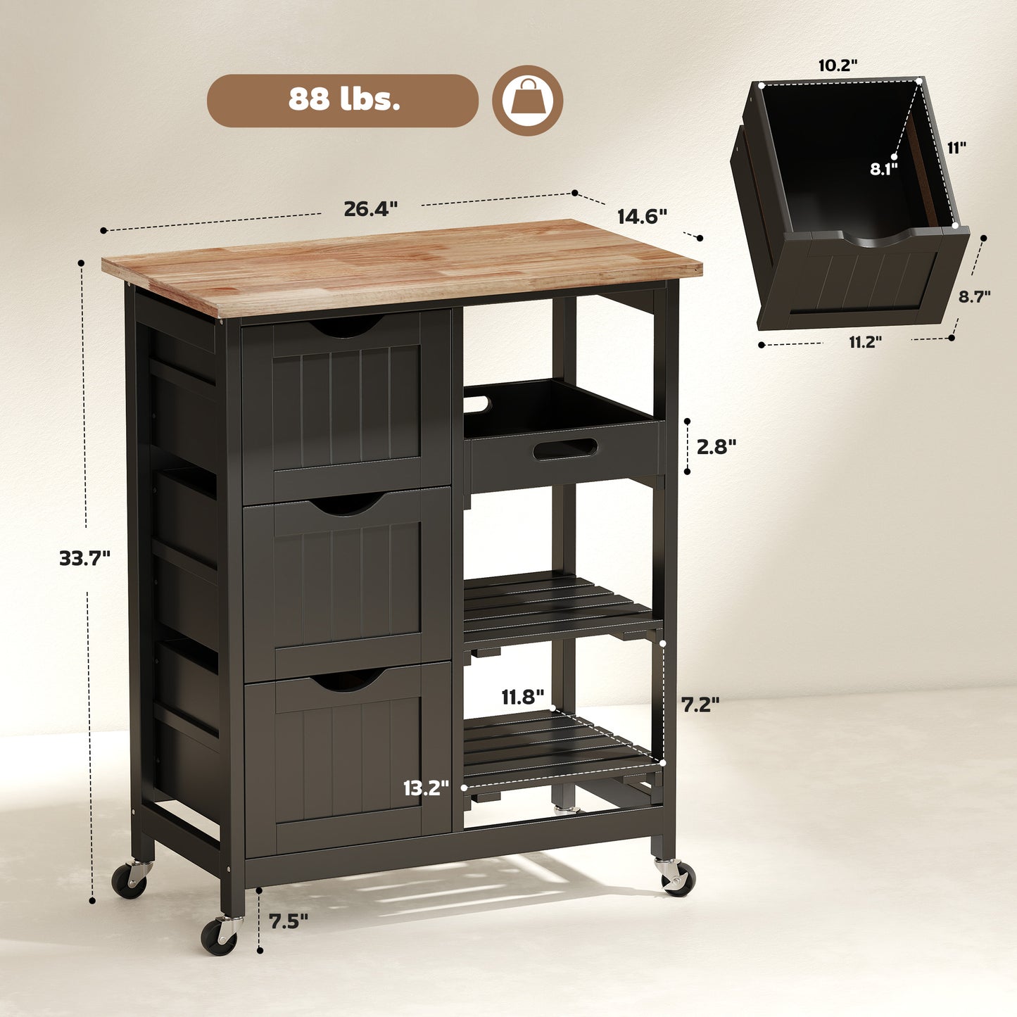 Rolling Kitchen Cart with Wood Top, Shelves & Drawers