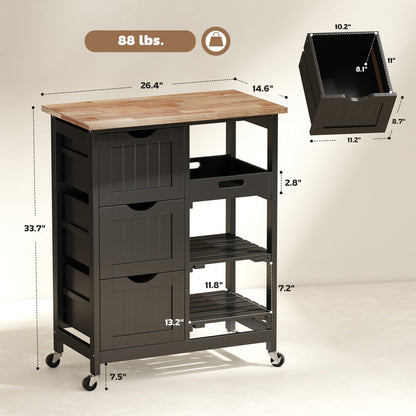 Rolling Kitchen Cart with Wood Top, Shelves & Drawers