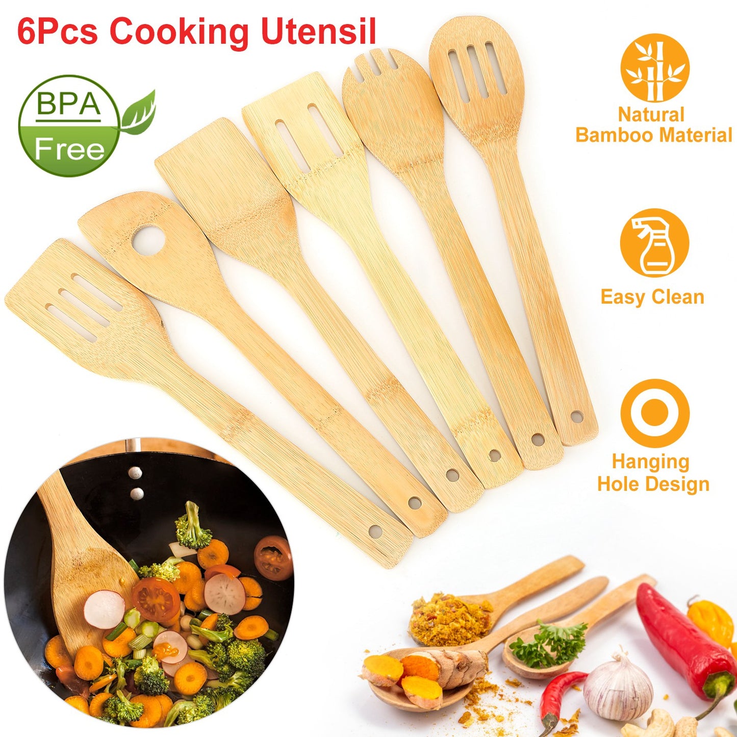Set Of 6Pcs Cooking Utensil Bamboo Wooden Spoons Spatula