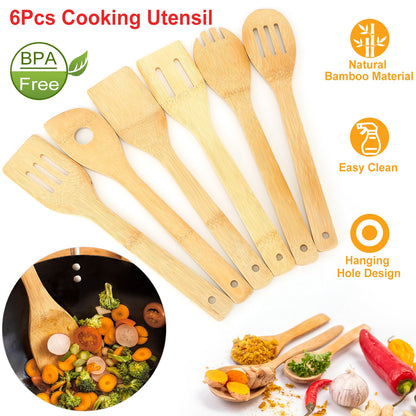Set Of 6Pcs Cooking Utensil Bamboo Wooden Spoons Spatula